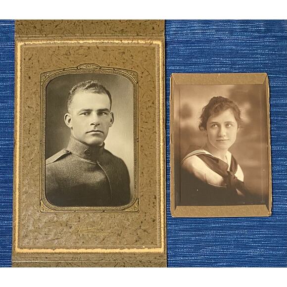 WWI Military Army Navy Soldier Uniform Man Cute Woman Antique Snapshot Photo - Picture 1 of 2